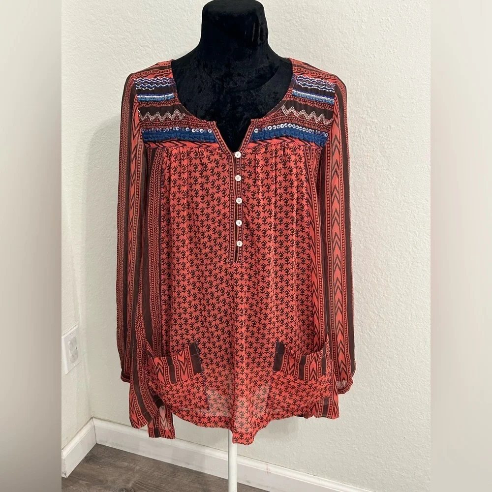 Free People Beaded Printed Boho Blouse | Size Small
